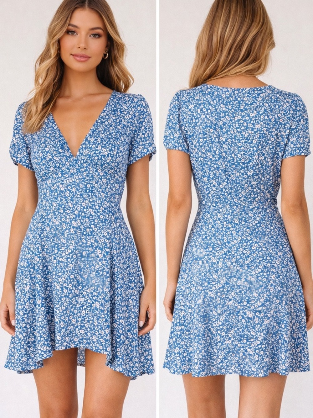 Princess Polly Blue Ditzy‎ Floral Mini Dress Size 10 V-Neck Ruched Cute